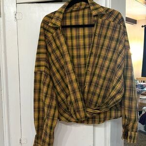 Gold/Brown Plaid High-Low Oversized Shirt